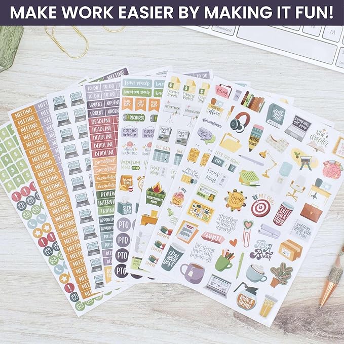 bloom daily planners Workday Essentials Planner Stickers - Productivity Variety Pack for Business Professionals - 8 Sheets / 802 Stickers - Meetings, Deadlines, Payday Icons for Work & Office