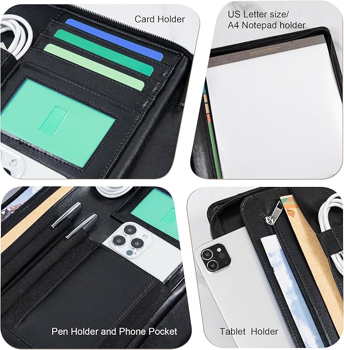 Calfinder Leather Padfolio with Zipper, Professional Business Padfolio for Women,Leather Portfolio for Men,Portfolio Binder for Ipad,Document and Resume,Gift for Valentine's Day