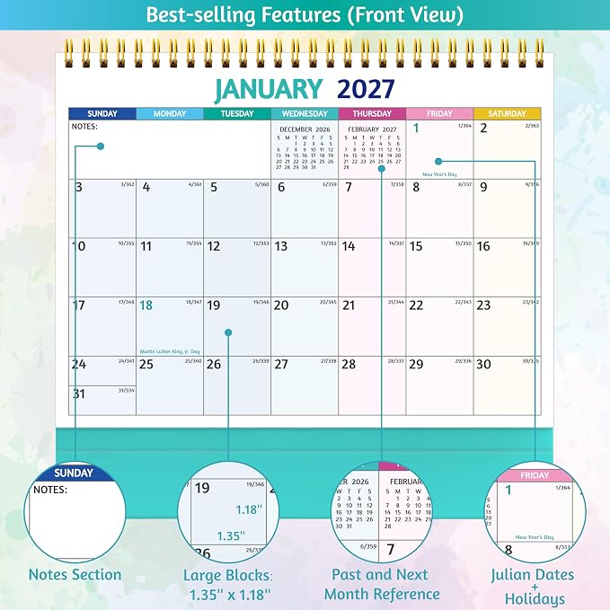 Desk Calendar 2026-2027 - Standing Flip Desktop Calendar 2026-2027, 18 Months Jul 2026 - Dec 2027, 10" x 8", Large with Notes, To-Do, Yearly Overview, Thick Paper, Great for Easy Planning - Multicolor