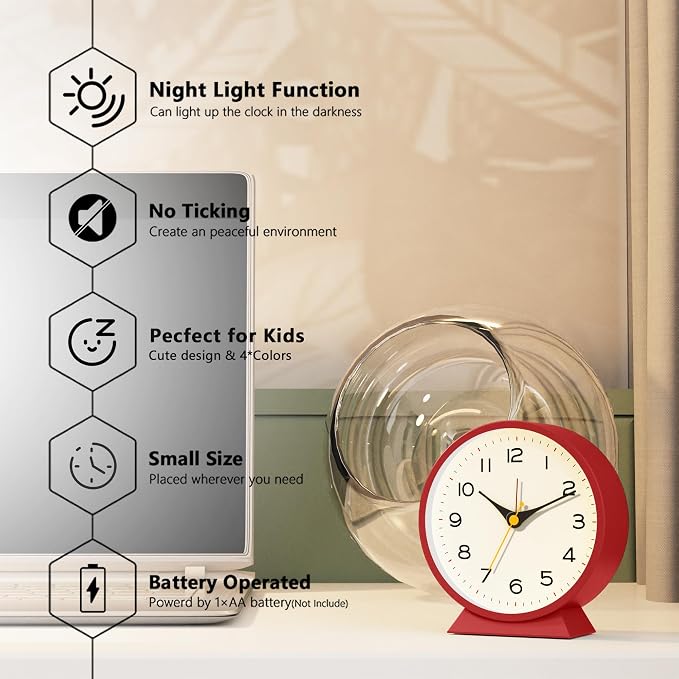 AYRELY® 4.5" Analog Alarm Clock, Small Retro Desk Clock and Table Clock | Battery Operated, Silent Metal Table Clock with Light for Living Room Decor, Bedroom, Bedside and Shelf (Red)