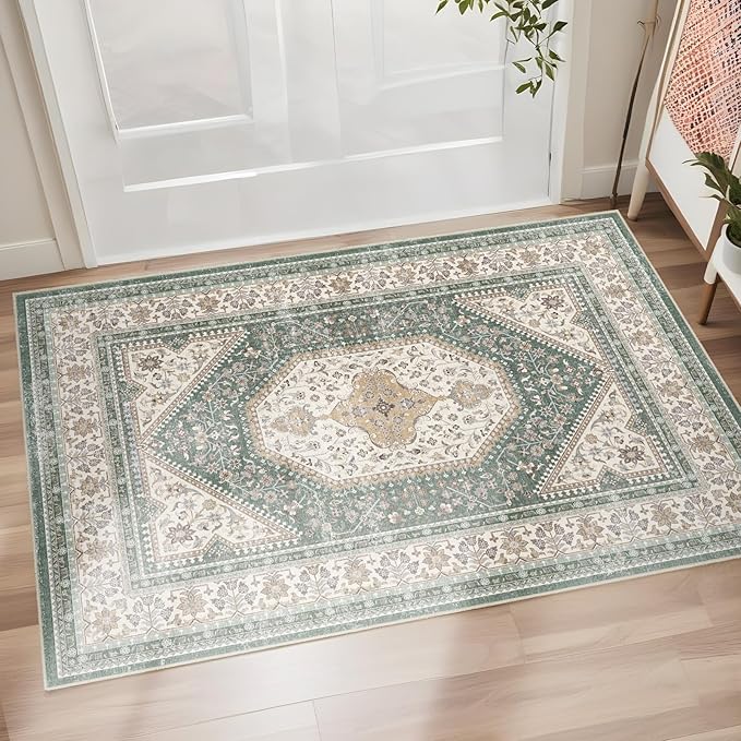 Puino Washable Entryway 2x3 Rug: Small Boho Rugs for Indoor Entrance Non Slip Backing Stain Resistant Carpet Low Pile Throw Rugs for Bedroom Bedside Inside Front Door Floor Kitchen Decor(Green,2x3FT)