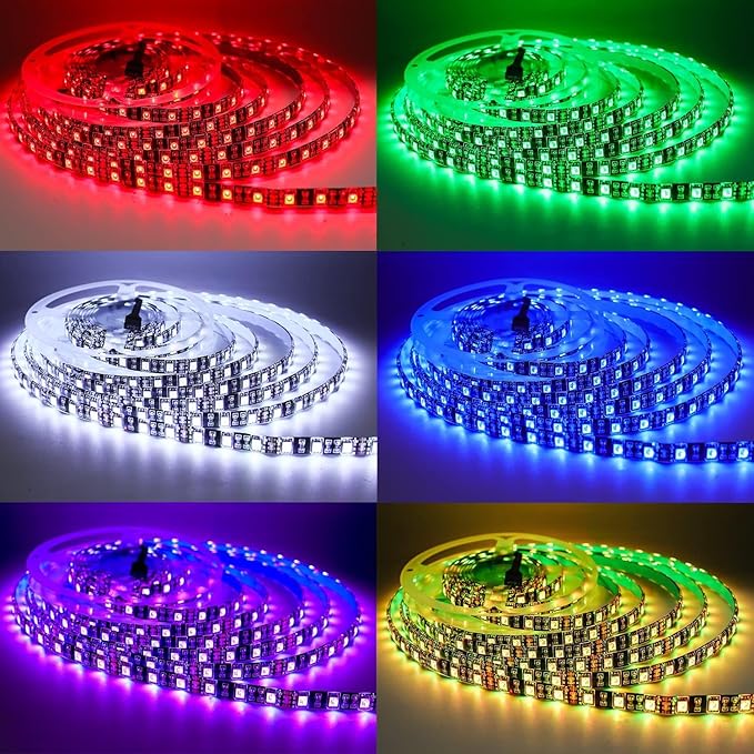 12V RGB LED Strip Lights, 16.4ft Black PCB Board 5050 IP65 Waterproof 300 LEDs Color Changing String Light Strips for Bedroom, Kitchen Decoration