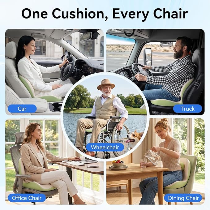 Seat Cushion for Office Chair and Car, Lumbar Support Pillow for Chair | Memory Foam Ergonomic Orthopedic Cushion Relieve Tailbone Sciatica Lower Back Pain for Office Desk Chair, Car, Truck, Green