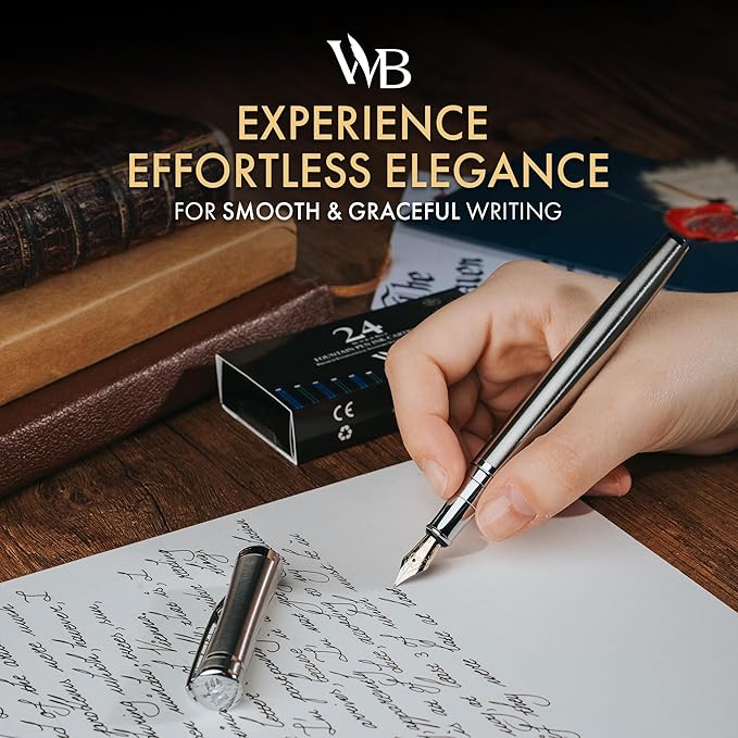 Wordsworth & Black Fountain Pen Set, 18K Gilded Medium Nib, Includes 24 Pack Ink Cartridges, Ink Refill Converter & Gift Box, Gold Finish, Calligraphy, [Silver Chrome], Perfect for Men & Women