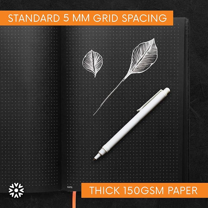 Notsu Pitch Black Paper Notebook B5 Dotted Journal | Minimalist Bullet Dot Grids with 160 Black Pages of Premium Thick 150gsm Paper, Vegan Leather Hardcovers