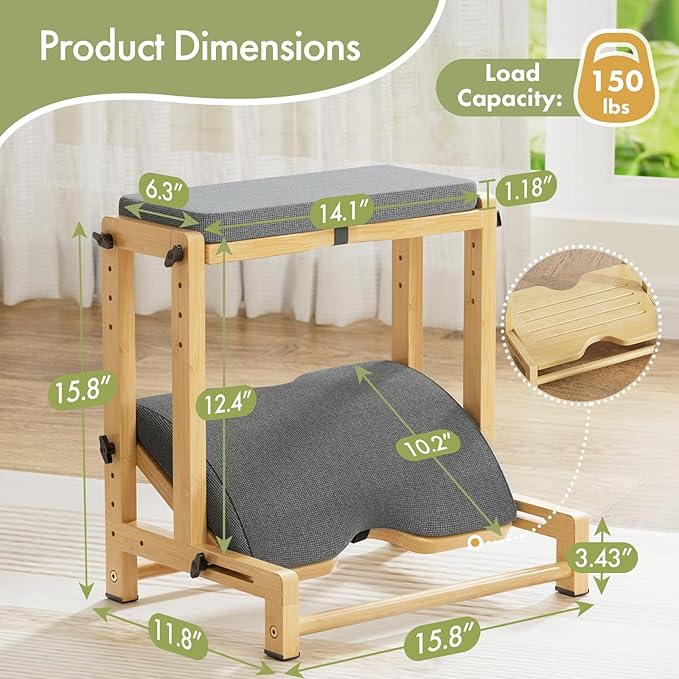 Double Step Foot Rest Under Desk, Adjustable Wooden Desk Foot Rest with 4 Heights, Ergonomic Foot Stool with Cushion for Office, Gaming & Study (Natural Color)