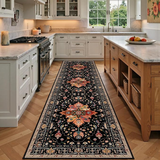 RELEANY Area Rugs Runner 3'x9' Washable Non-Slip, Floral Vintage Distress Medallion Carpet for Kitchen Hallway Bedroom Beside Laundry Room Bathroom, Black Colorful Floral Dark Tan
