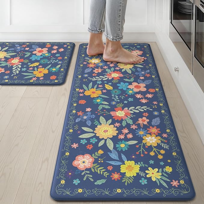 GENIMO Anti Fatigue Kitchen Mats for Floor 2PCS, Cushioned Standing Mats | 17.3"x47"&17.3"x30", Navy vintage floral rug set, waterproof, non slip, easy-clean for farmhouse