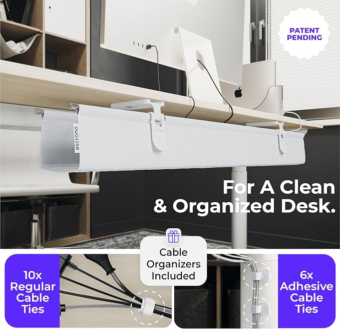 Original No Drill Under Desk Cable Management Tray 40.6" - Premium White Fabric Cable Management Under Desk - Clamp/Screw Mount Cord Organizer - Supports Upto 66lbs - Large