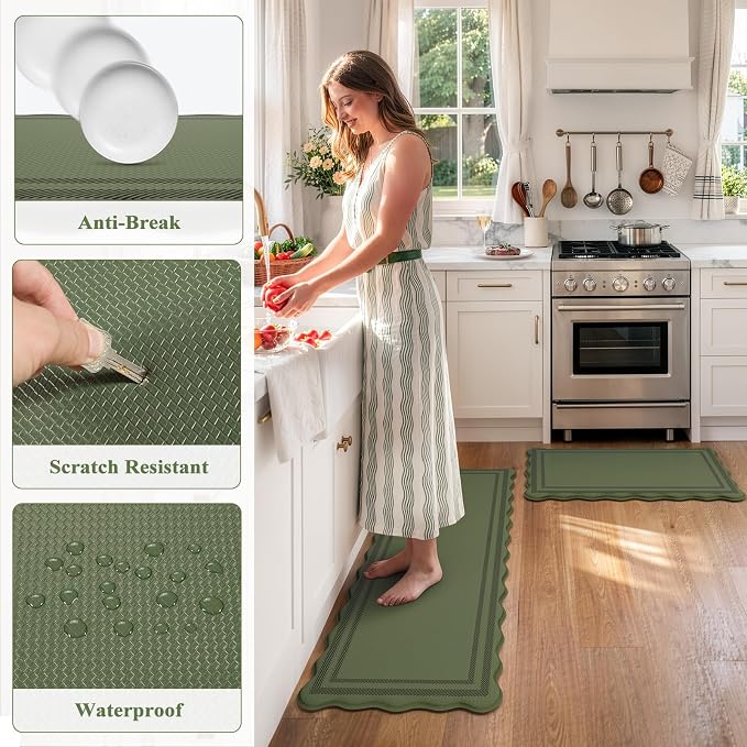 KIMODE Kitchen Mats for Floor Cushioned Anti Fatigue,Green Boho Home Decor | Scalloped Rugs for Kitchen Floor Non Slip,Farmhouse Kitchen Runner Rugs,Summer Laundry Room Rugs for Office Bathroom Sink