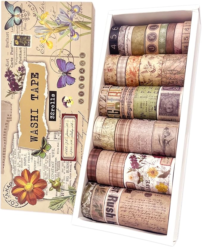 Bomichi 32 Roll Vintage Washi Tape Set Decorative Masking Paper Rainbow Colors Aesthetic Adhesive Ribbon Scrapbook Junk Journal Bullet Planner Diary DIY Craft Card Making Gift Wrapping Supplies