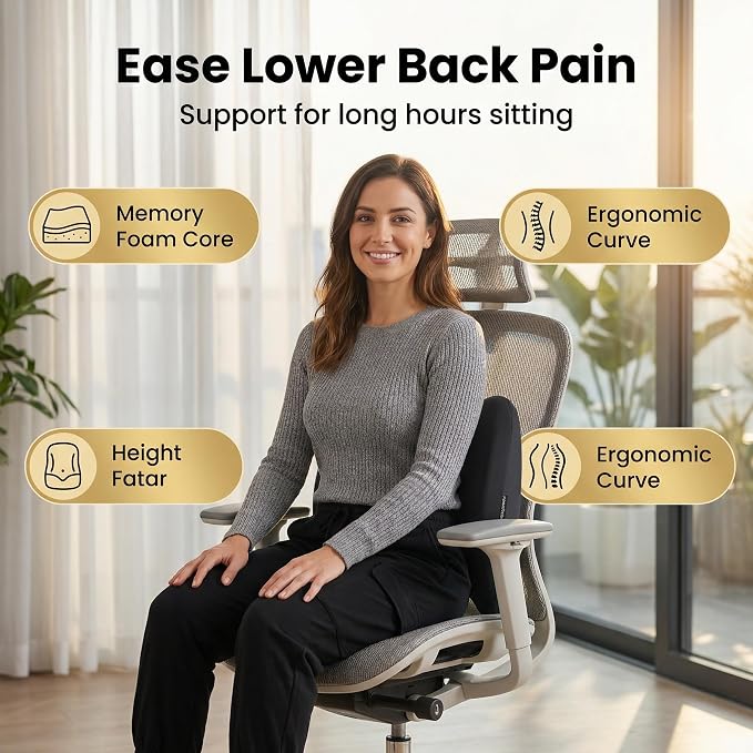 Lumbar Support Pillow Memory Foam Back Cushion for Sciatica & Lower Back Pain Relief Orthopedic Posture Corrector for Office Chair Gaming Chair Car Seat Breathable Washable - Black