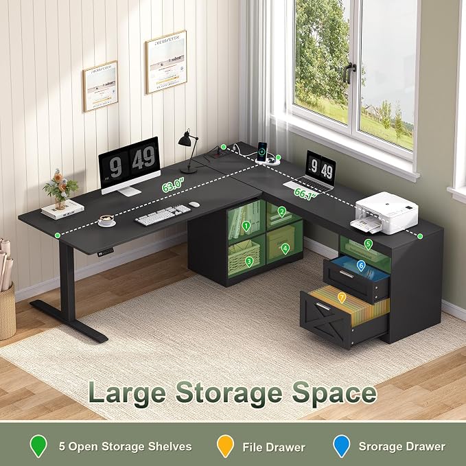 66 inch Farmhouse L Shaped Standing Desk with Storage for Home Office | Corner Electric Standing Desk with Drawers ＆ Storage Shelves, Height Adjustable Computer Desk with Power Outlets, Black