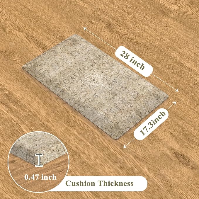 Anti Fatigue Kitchen Mats for Floor, Waterproof Kitchens Sink Rugs Cushioned Comfort Standing Desk Mat, Khaki Vintage Non Slip Floral Foam Rug for Laundry, House, Office, 17.3''x28''