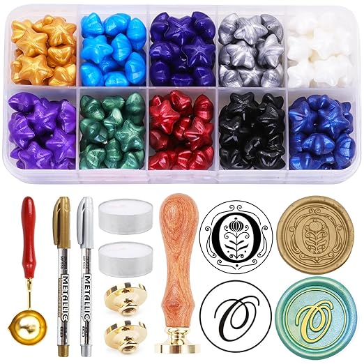 Wax Seal Kits, 200pcs Assorted Beads and 2pcs Initial Alphabet O Wax Seal Stamp for Wedding Invitations Gift Wraps Envelopes and Christmas Cards (Alphabet O Kit)