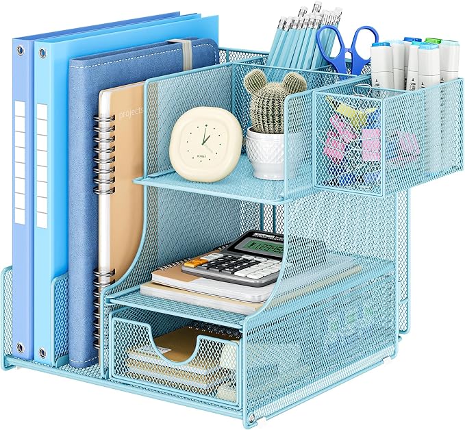 Lavatino Desk Organizer – 4-in-1 Blue Mesh Office Supplies Organizer with Pen Holder, File Holder, Desktop Tray, and Drawer for Home, Office, Classroom