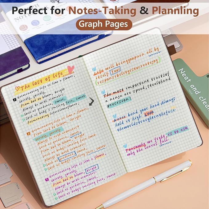 PERCUN A5 Hardcover Graph Paper Notebook, 5.9”x8.5” Leather Journal for Women & Men, 160 Pages Grid Paper Composition Notebook for Work, School, Math, Quad Ruled Writing Journals,Graphing (Brown)