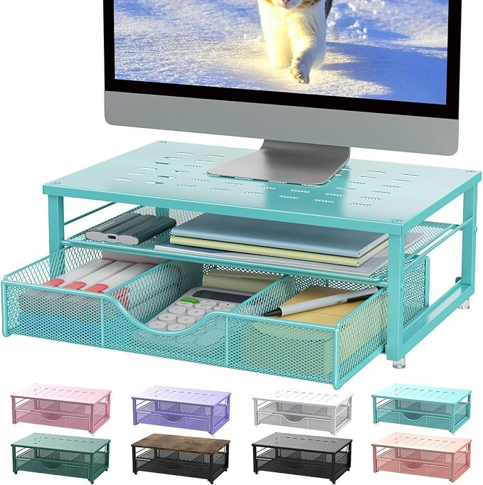 gianotter Computer Monitor Stand Riser, office organizer with Drawer, Office Organizers Storage for Classroom Office Supplies (Blue)