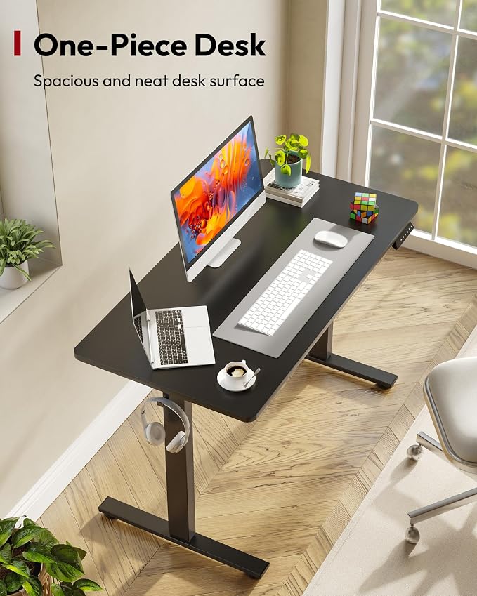 SANODESK One-Piece Electric Standing Desk, Seamless 40 x 24'' Ergonomic Height Adjustable Sit Stand Desk with Memory Presets for Home Office Computer Workstation, Black Frame/Black Top