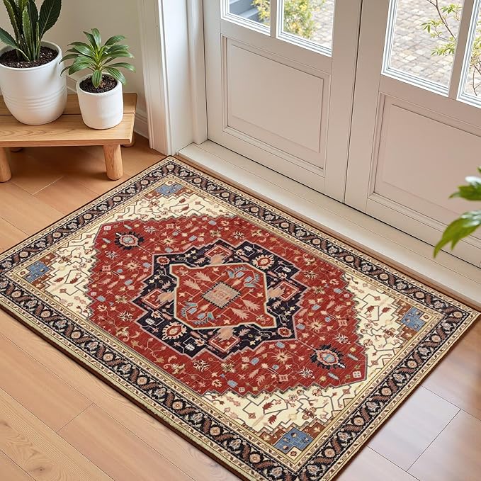 Macgace 2x3 Orange Red Small Area Rug for Entryway, Soft Washable Rugs with Non-Slip Backing for Bedroom Kitchen, Vintage Throw Carpet Laundry Entry Front Door Decor