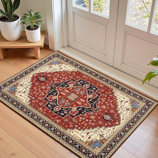 Macgace 2x3 Orange Red Small Area Rug for Entryway, Soft Washable Rugs with Non-Slip Backing for Bedroom Kitchen, Vintage Throw Carpet Laundry Entry Front Door Decor