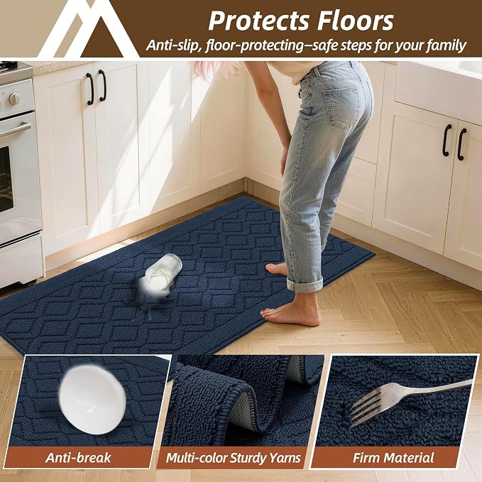 COSY HOMEER 60x24Inch/35X24Inch Kitchen Rugs Sets Non-Slip Washable Kitchen Mats for Floor Polypropylene Absorbent Kitchen Runner for Kitchen Sink Hallway Entryway(Navy Blue)