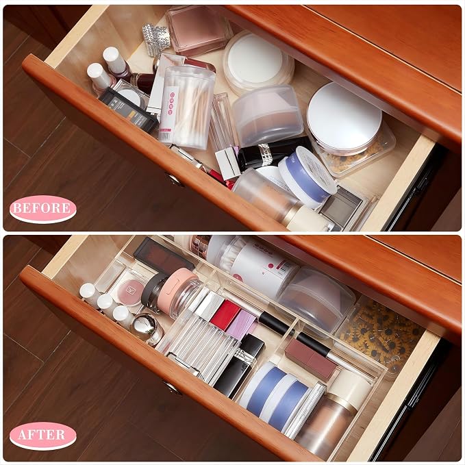 2 Pieces Makeup Drawer Organizer 6 Section Clear Desk Organizer with Dividers 3 Section Acrylic Makeup Tray Divided Drawer Inserts Sectioned Tray Storage