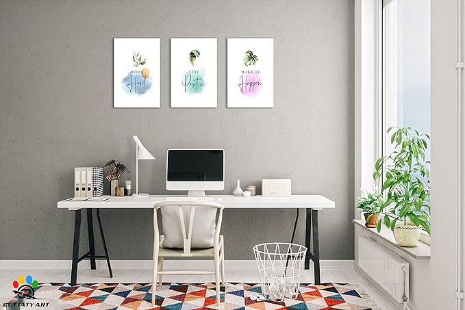 Inspirational Wall Art, Office Pictures for Wall Decor, Motivational Canvas Wall Art for Women, Work Hard - Stay Positive - Mak It Happen Quotes Poster Framed Artwork for Workplace Decor 16”x24”x3Pcs