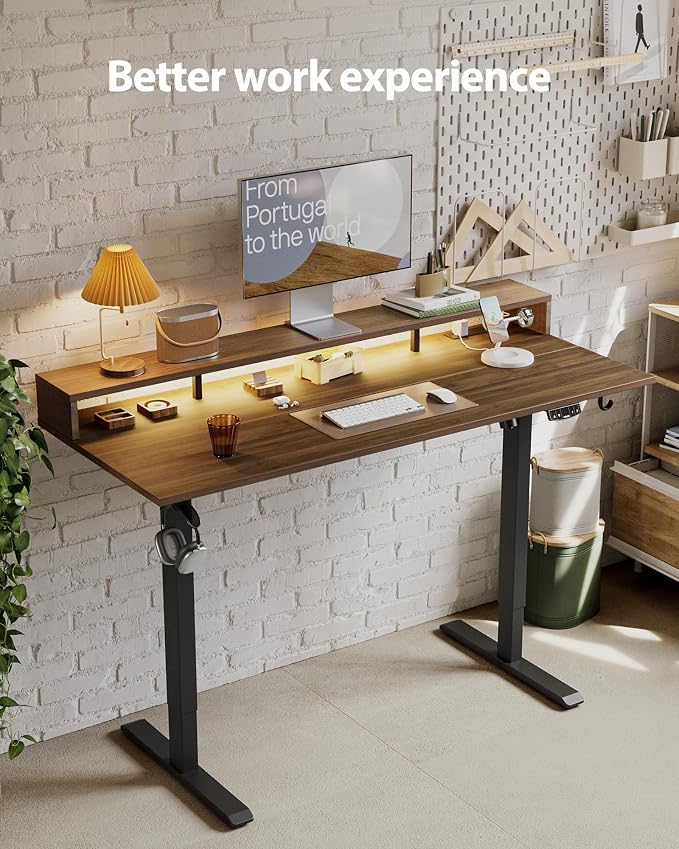 Agilestic 55 x 24 Inch Electric Standing Desk with Shelf, Height Adjustable Desk with Power Outlets & LED, Sit Stand Up Table with Monitor Stand, Computer Workstation, Dark Walnut