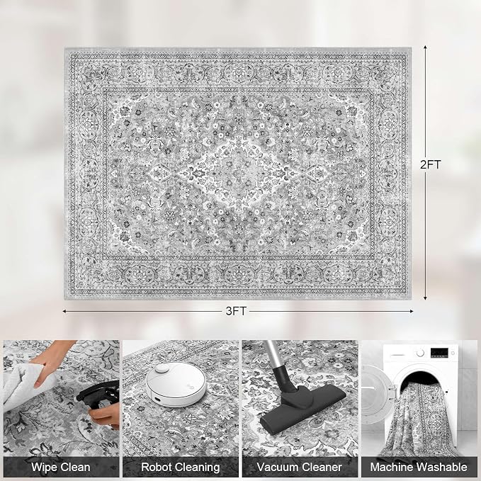 Grey Small Washable Area Rug, 2x3 Boho Vintage Entryway Rugs, Soft Non Slip Floral Door Mat, Aesthetic Low Pile Carpet for Front Door Entry Carpets Entrance Bedroom Kitchen