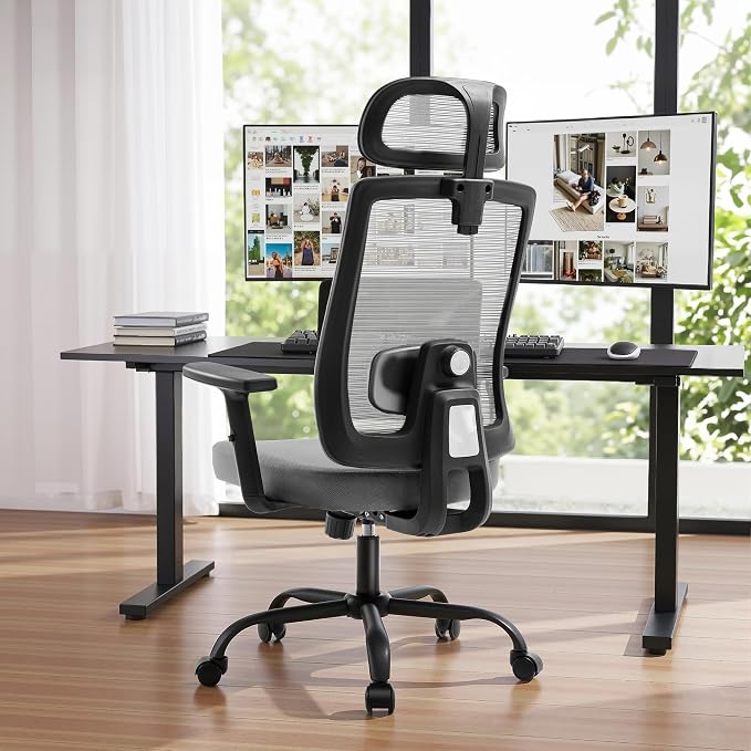 Shintenchi Mesh Office Chair, Ergonomic Home Office Desk Chair with Adjustable Lumbar Support, Headrest, 90°-135° Tilt, Computer Chair for Home Office, Gray Task Chair