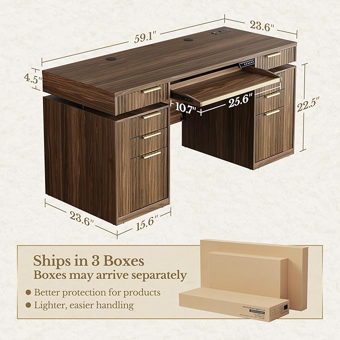 59 Inch Standing Desk with Storage Drawers, Executive Electric Height Adjustable Desk with Keyboard Tray, File Cabinet and AC/USB, Fluted Stand Up Desk with Privacy Panel, Black Walnut