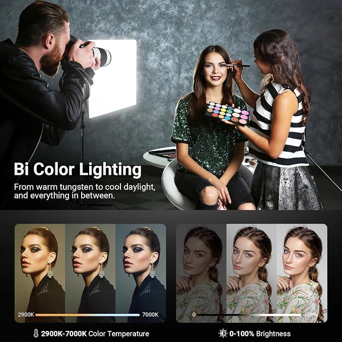 NEEWER 24"x24" 450W Equivalent Softbox Lighting Kit with Tripod Stand, 45W Bi Color 2.4G LED Bulb, Remote, 10 Channels 2900K-7000K 1400lx/1m CRI95 Studio Photography Recording Continuous Light, NK104