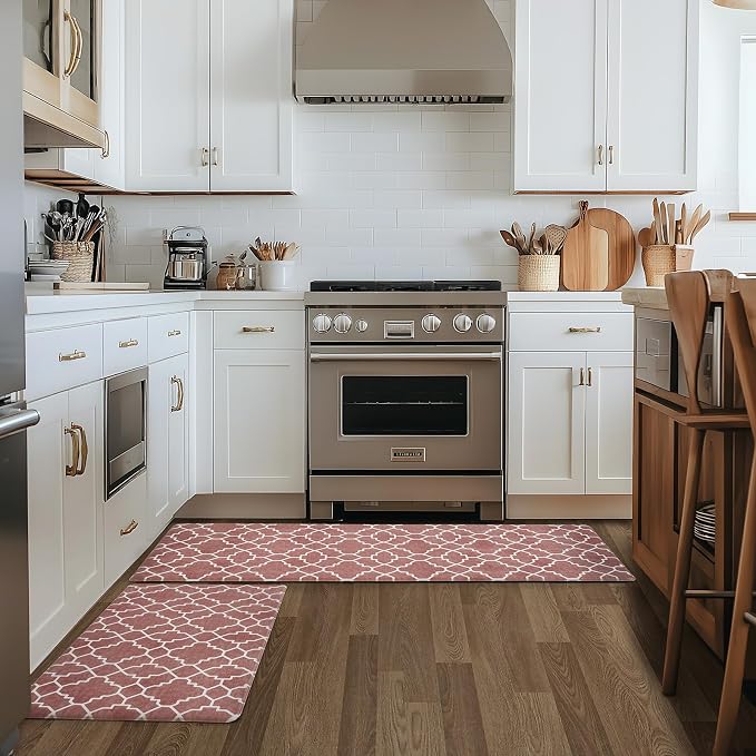 FRESHMINT Kitchen Mat Set of 2, Anti-Fatigue Cushioned Kitchen Mats for Floor, Waterproof Non Slip Comfort Standing Mat, Boho Kitchen Rug for Kitchen Decor, Sink, Office, 17"x30"+17"x47", Terracotta