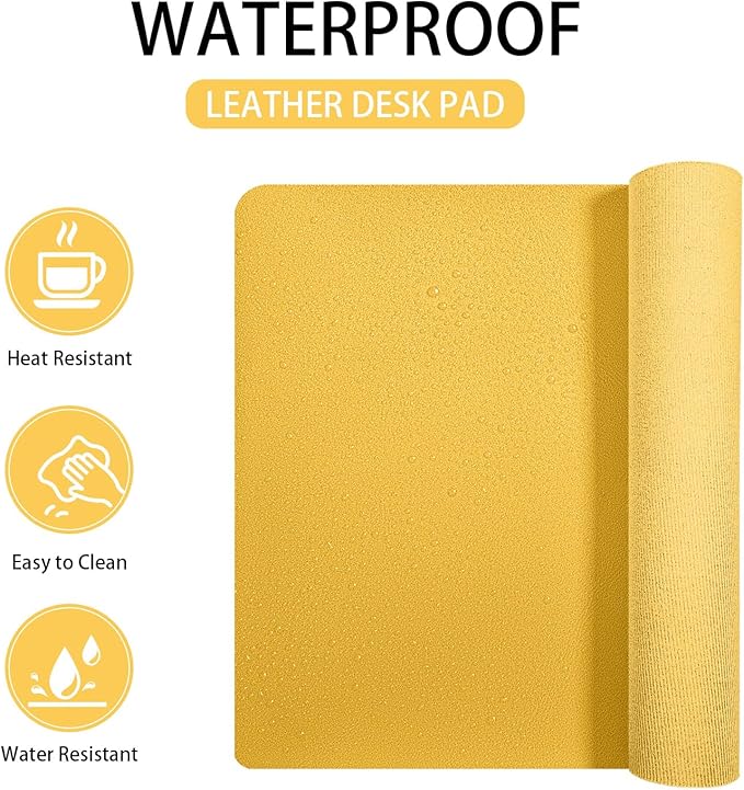 Leather Desk pad Protector, Office Mat, Large Mouse Mat, Non-Slip PU Leather Blotter, Laptop Desk Pad,Waterproof Laptop Computer Desk Keyboard Mat for Office/Work/Home/Decor (Yellow, 33In*13in)