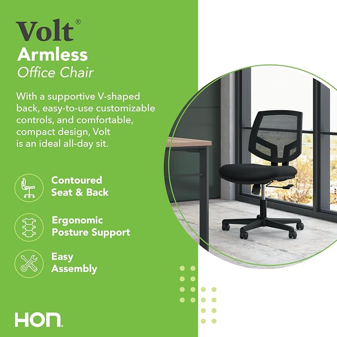 HON Volt Ergonomic Office Chair with Mesh Back, Armless Fabric Desk and Computer Chair with Center‑Tilt Recline and Wheels for Home Office or Workstation, Black