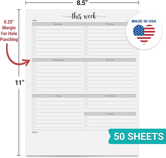 321Done Weekly Checklist Notepad, 8.5x11 Large Letter-Size Desk Pad - 50 Tear-Off Sheets, Undated Monday-Sunday Schedule, Daily Task Planner for Home, Office & Student Use - Made in USA