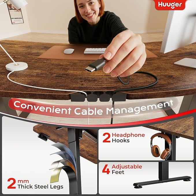Huuger Electric Standing Desk with Power Outlets and USB-C Port, 55 X 24 Inch Height Adjustable Desk, Sit Stand Desk for Home Office, Computer & Gaming Desk with 4 Presets, Rustic Brown