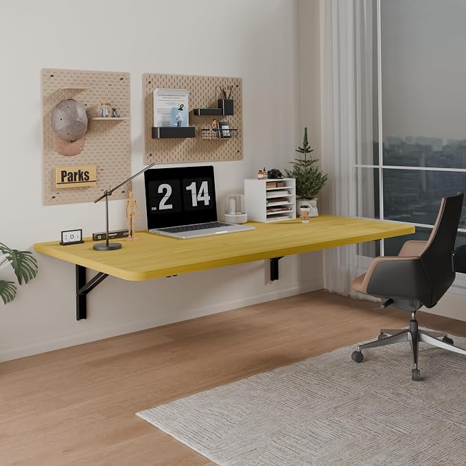 Floating Foldable Desk,Wall Mounted - Folding Computer Table with Engineered Wood,Study Table with Shelf Brackets,Fold Down Shelf,Fold Computer Desk for Small Spaces,Holds 300 lb,36" x 22" Natural