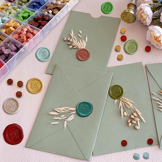 Wax Seal Stamp Kit - Sealing Wax Beads in 24 Colors with Personalized Letter Stamp,Steel Melting Spoon,Tea Candles and Round Molds – Perfect for Wedding Invitations,Envelopes(L)