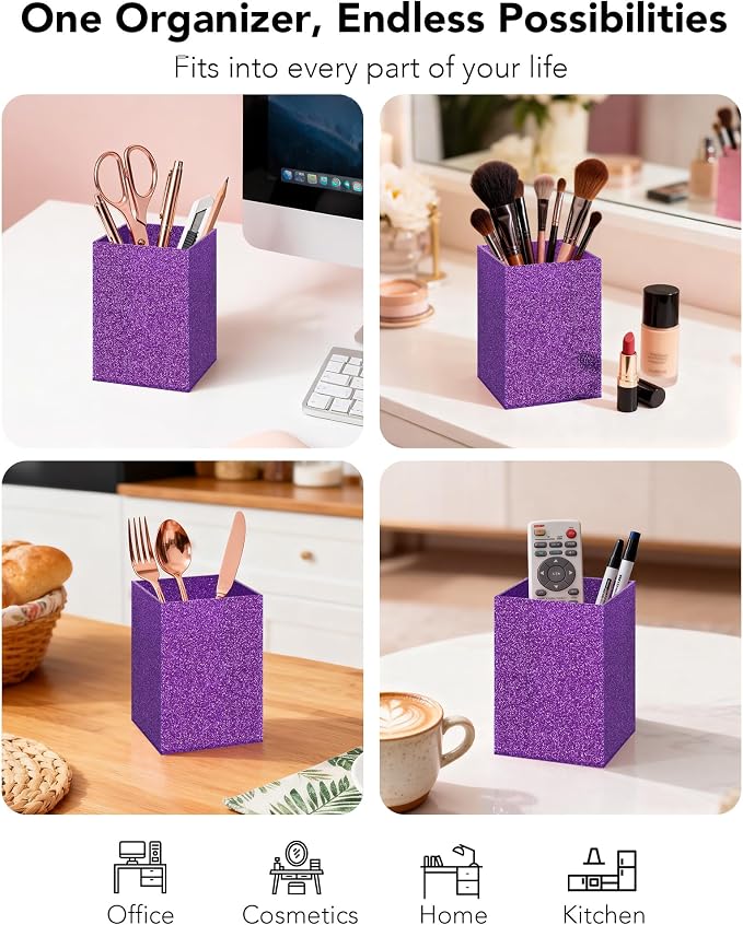 Acrylic Pen Holder Desk Organizer for Office, Purple Glitter | Sparkling glitter acrylic makeup brush and pencil holder for desk, Modern desktop organizer for home, school and office
