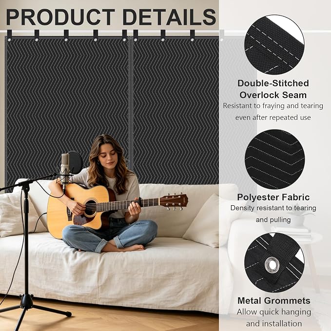2 Pack Large Sound Dampening Blanket, 70" x 41" Acoustic Noise Reducing Curtain with Grommets, Heavy Duty Polyester Sound Absorbing Panel for Home Studio, Door, Window & Musical Instruments