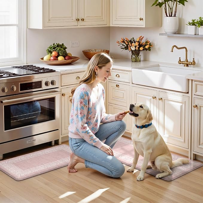 LEEVAN Anti Fatigue Kitchen Mats for Floor, Cushioned Kitchen Mat Set 2PCS | 17.3"x29"+17.3"x47", Boho Floral Pink Kitchen Rugs Non-Slip, Waterproof Ergonomic Standing Mats for Laundry, Office & Sink