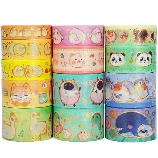 Cute Pets Washi Tape Set 13 Rolls Wide Gold Embellishment Decorative Masking Tapes for Arts, DIY Crafts, Journals, Planners, Scrapbook, Wrapping (Animal Kindergarten)