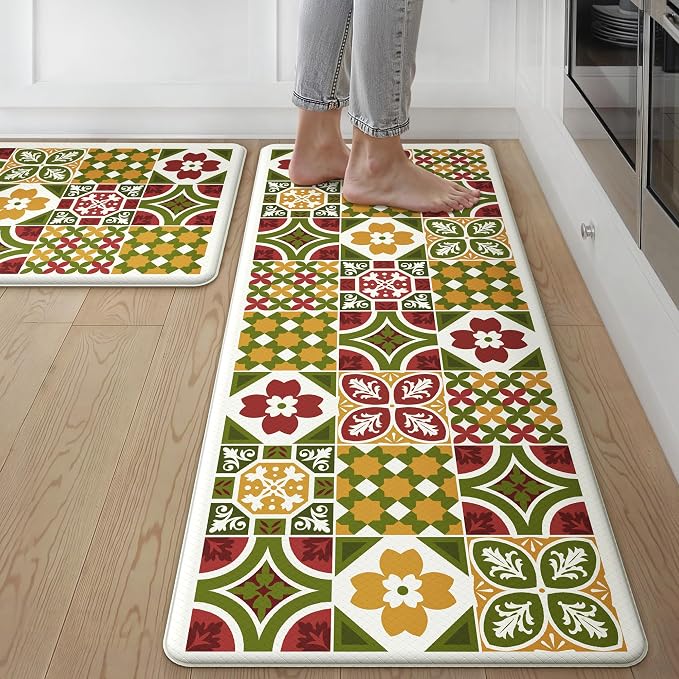 GENIMO Anti Fatigue Kitchen Mats for Floor 2PCS, Cushioned Standing Mats | 17.3"x47"&17.3"x30", Light Green vintage floral rug set, waterproof, non slip, easy-clean for farmhouse