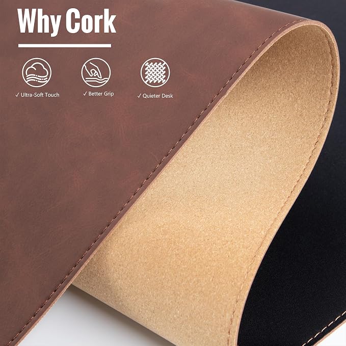 HAUTOCO Cork Desk Mat 31.5"x15.7", Distressed PU Leather & Cloth Desk Pad | Waterproof, Non-Slip, Stitched Edges, Brown Large Gaming Mouse Pad, Laptop Blotter & Desk Protector for Office and Home