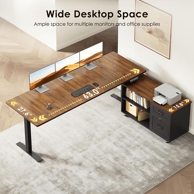 OffiGo 63" L Shaped Electric Standing Desk with File Cabinet, Walnut/Black | Mobile Drawers & File Cabinet for Flexible Layout, Height Adjustable Executive Stand Up Desk for Home Office Workstation