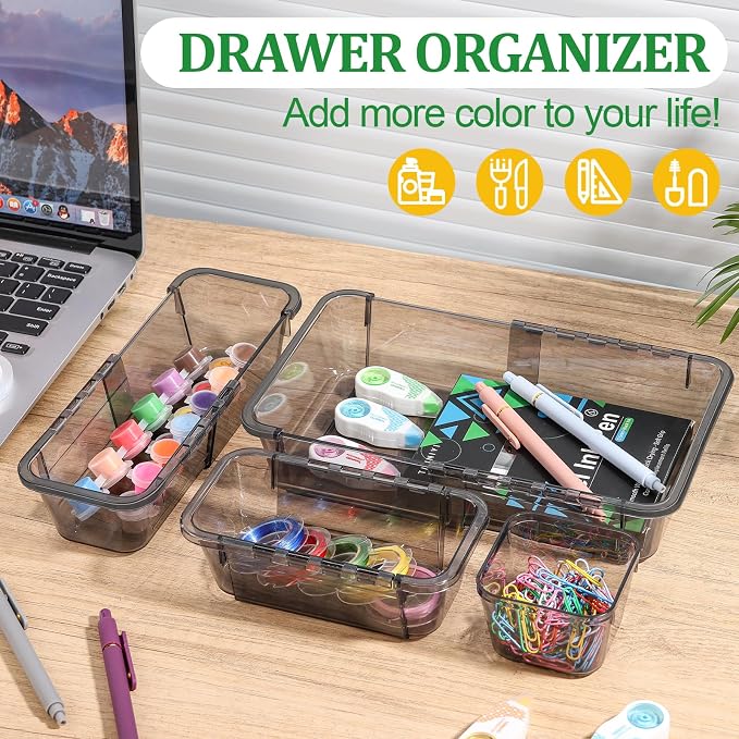 20 PCS Black Expandable Drawer Organizer, 3 Sizes Drawer Organizers and Storage, Vanity Dividers, Acrylic Storage Bins for Makeup, Jewelry Gadgets for Kitchen, Bedroom, Bathroom, Office