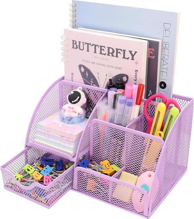 Boutilon Mesh Desk Organizer Desktop Office Supplies Stationary Organizer with 6 Compartments and 1 Drawer Multi-Functional Caddy Pen Holder for Home Office School Desk Decor(Pale Purple)
