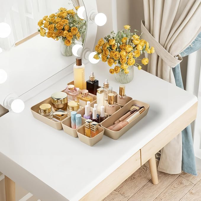 ISSEVE 8Pcs Silicone Bathroom Drawer Organizer Trays Set, 4 Sizes, Beige | Nesting Organizer Trays, For Vanity, Desk, Nightstand, Makeup, Jewelry, Toiletries, and Office Small Items, Drawer Organizer